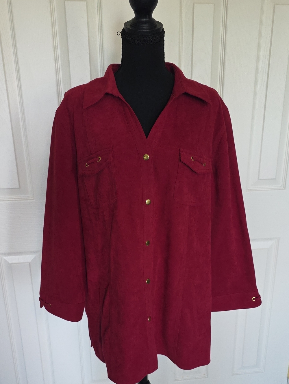JM Collection Burgundy Button-Front Suede-Look Shirt Jacket